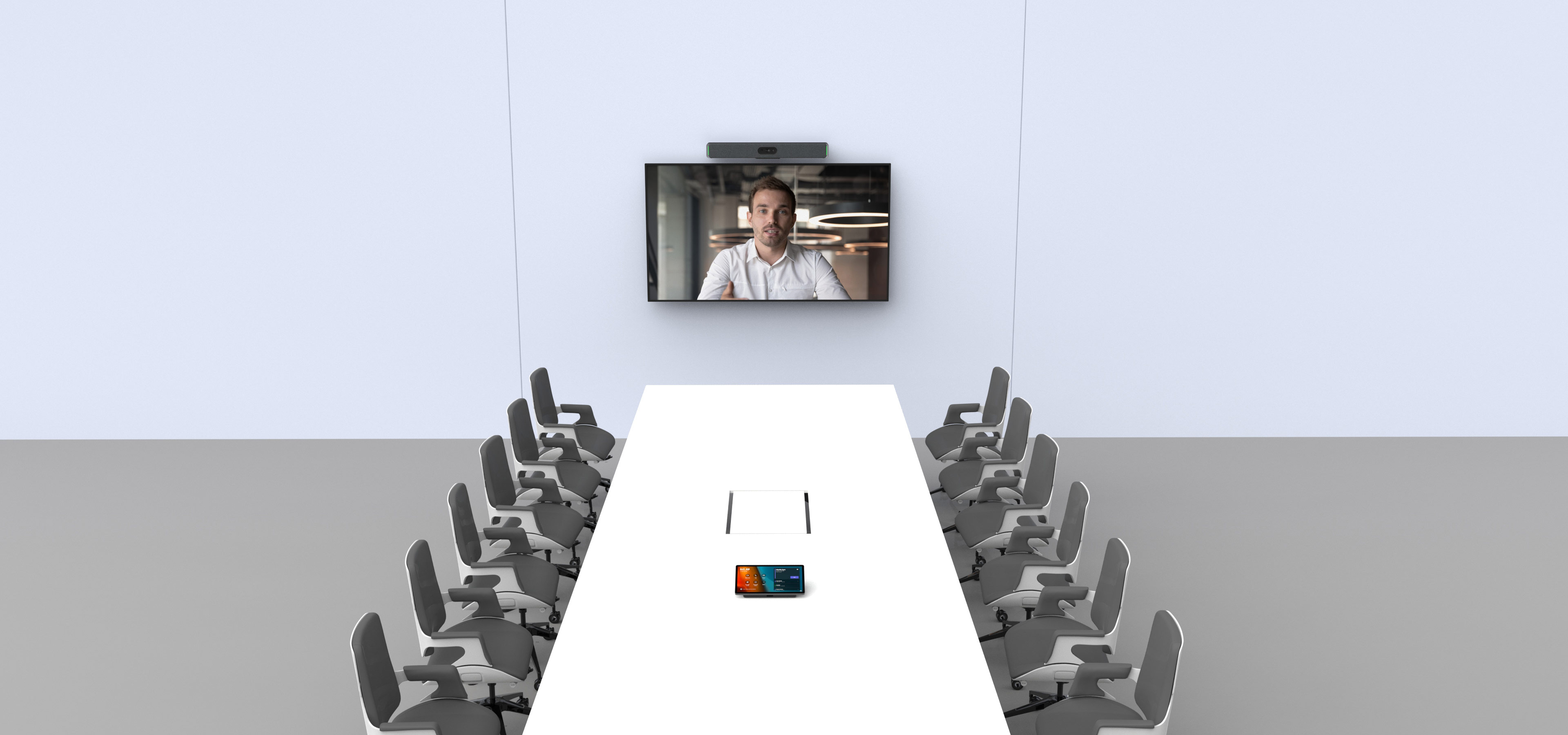 A MAXHUB XBoard V7 interactive display, its home screen showing a clock, app tiles and a list of scheduled meetings