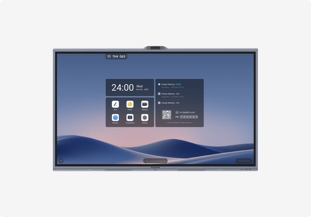 XBoard V7. Camera, microphones and speakers behind the glass: one power feed, one network drop.